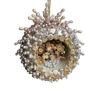 Vtg handmade push pin ornament egg floral sugar pink white pearls embellished